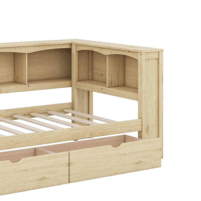 Lit de jour simple avec 2 tiroirs de rangement et ports USB, Naturel