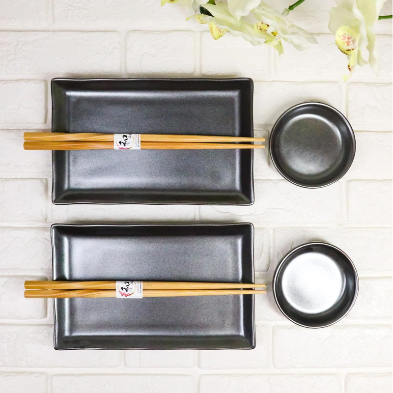 Tetsu Kesho Porcelain Sushi Plates Sauce Dishes Chopsticks Dinnerware Set For 2, Black