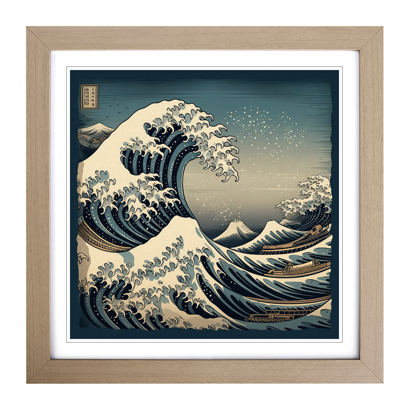 Japanese Wave Art Deco No.5 - Single Picture Frame Print on Wood, Oak