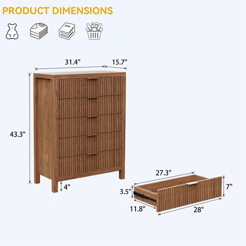 Commode 5 tiroirs l 31,4 po, Noyer