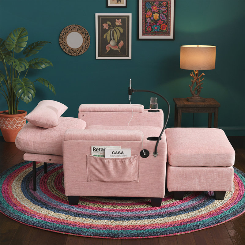 Single sofa recliner with manually adjustable backrest, USB charging port on the armrest side, and a matching storage ottoman