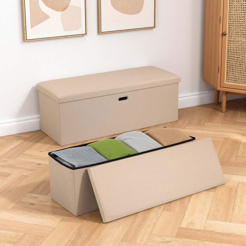 Set Of 2 Foldable Storage Ottomans, Upholstered Linen-Look Footrest Bench With Hidden Storage, Collapsible Ottoman Stool For Living Room Bedroom Entryway