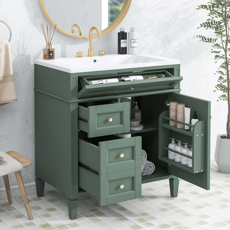 Meuble-lavabo moderne avec lavabo supérieur, 2 tiroirs et un tiroir basculant, Vert