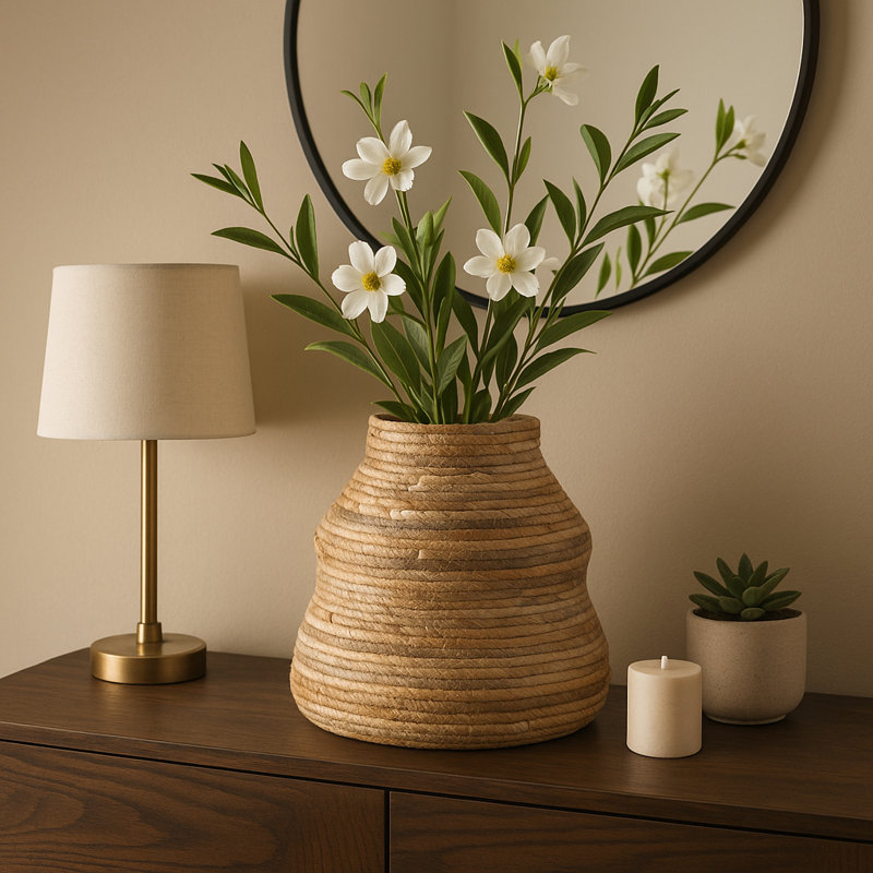 Rustic Woven Decorative Table Vase For Home Decor - Natural Fiber Tall Flower Vase For Mantels - Ideal For Shelves And Dining Table Vase - Tan/Brown