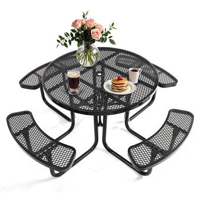 Table de pique-nique robuste en acier enduit, table d'extérieur en métal de qualité commerciale avec trou pour parasol