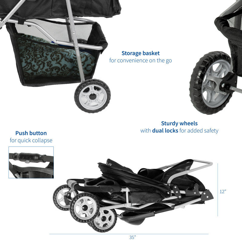 Black Foldable 3-Wheel Pet Stroller with Mesh Windows