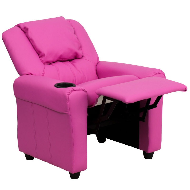 Contemporary Kids Recliner with Cup Holder and Headrest, Hot Pink