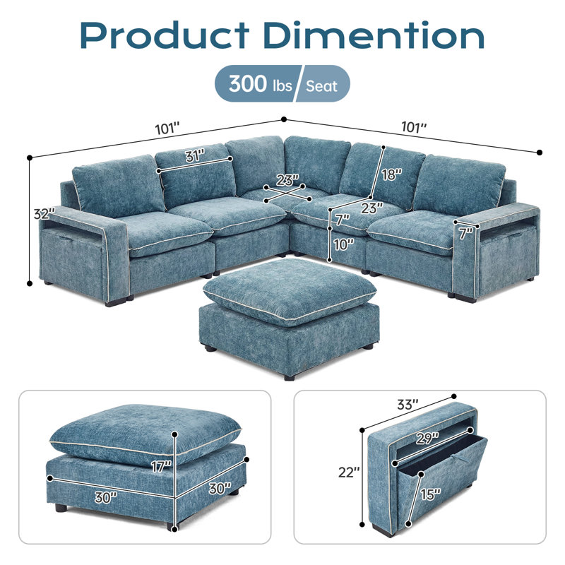 Canapé modulaire en chenille bleu 102,36 po l 6 pièces avec bras de rangement, Bleu