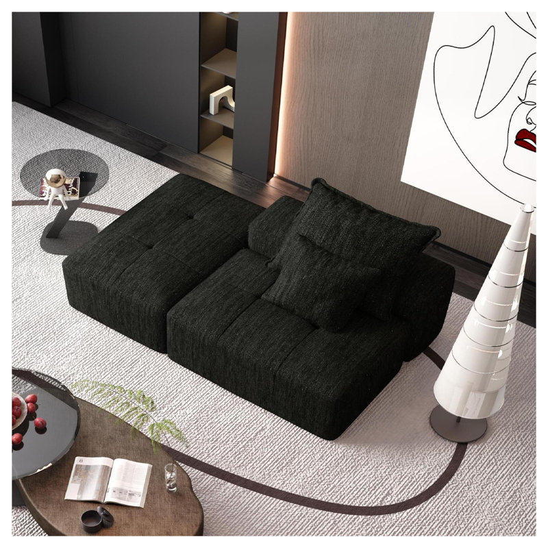 Modern Oversized Modular Sectional Sofa with 2 Pillows - Sparkling Chenille Fabric Tufted Design, No Assembly Required Black Sectional Sofa