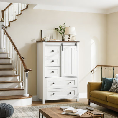  Farmhouse 5 Drawer Dresser, 48" Tall Chest with Barn Door & Shelf, Bedroom Storage Cabinet