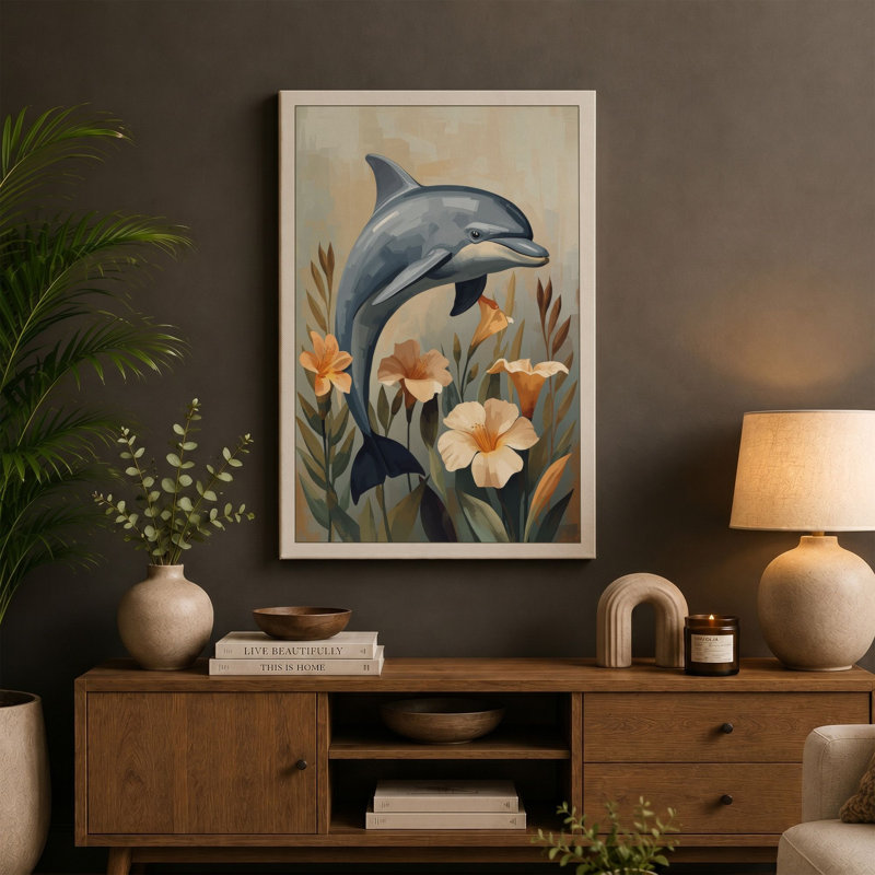 Leaping Dolphin with Poppies Coastal 1 Piece Wrapped Canvas Wall Art, 24x16 - 61.0 x 40.6 cm, Teal Border