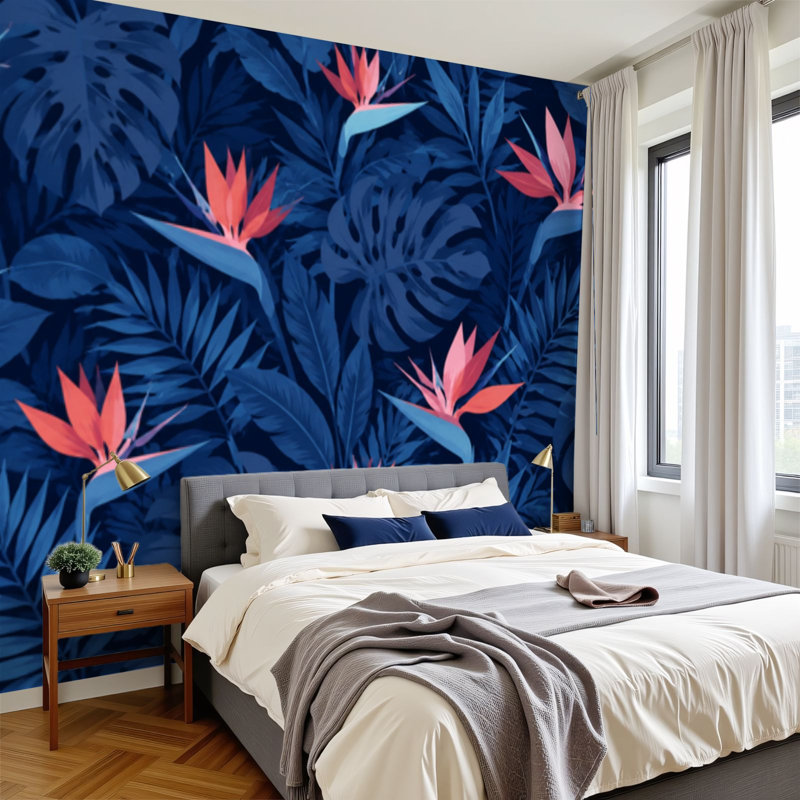 Papier peint adhésif auto-adhésif moderne pour la chambre à coucher avec fleurs tropicales et feuilles de palmier