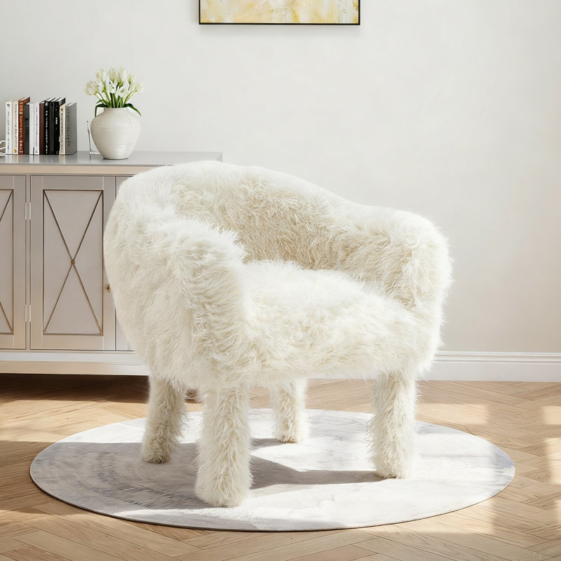 Modern Faux Fur Accent Chair With Solid Wood Frame, Comfy Living Chair, Cozy Furry Lounge Chair, Upholstered Armchair For Living Room, Bedroom, Vanity, Reading Nook, White
