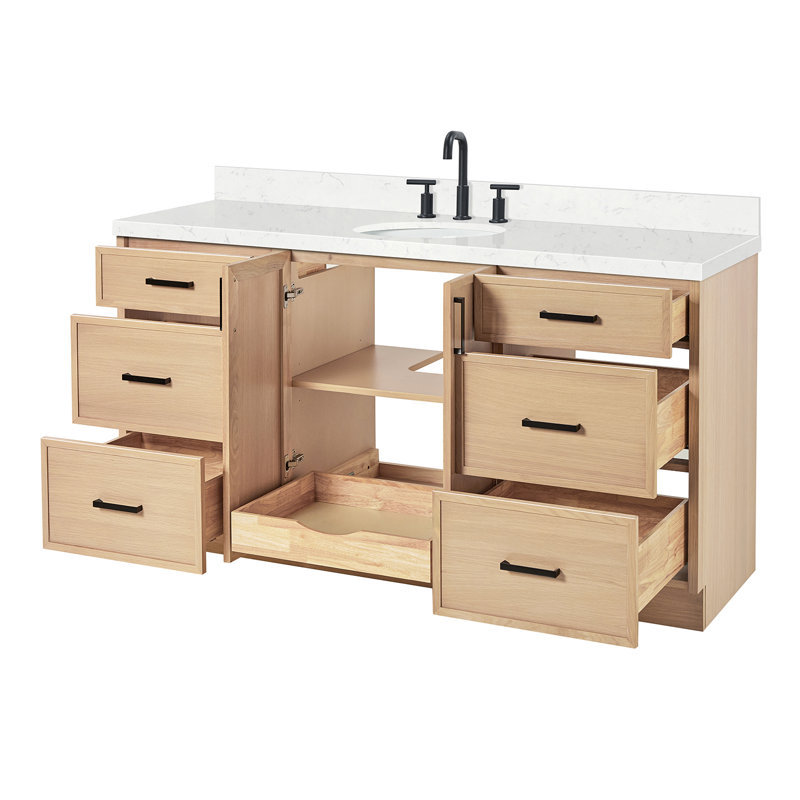 Ariel Kellie 66 Inch Single Oval Sink Bathroom Vanity With Carrara Quartz Countertop, Oak