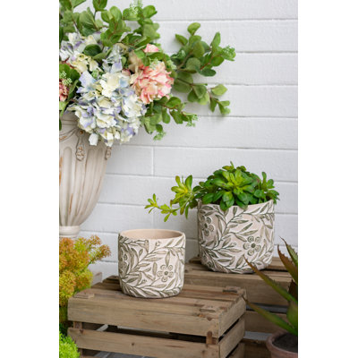 Jardinières en sable gris et ciment avec motif floral vert gravé