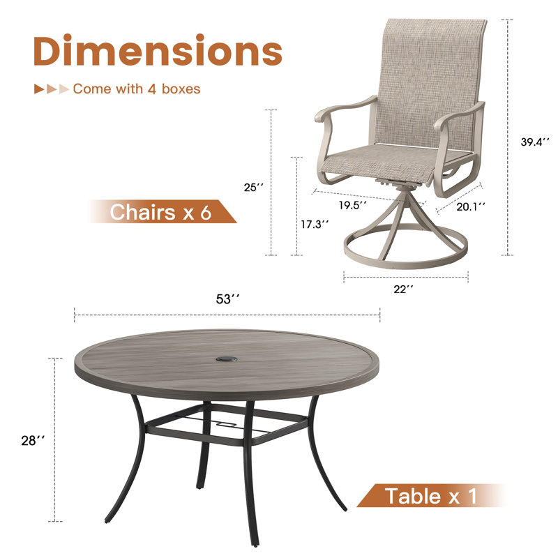Atlasburg 6-Person Patio Dining Set with 53" Round Patio Dining Table and 6 Swivel PVC-coated polyester Dining Chairs