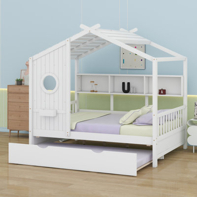 Lit de maison en bois avec lit gigogne, conception moderne pour enfants avec tablette de rangement