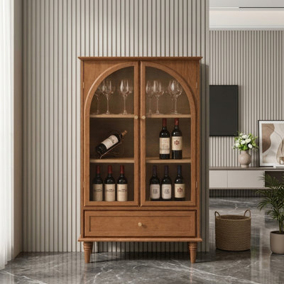 15.7" W Vintage Farmhouse Accent Cabinet with Arched Glass Doors 1 Drawer Adjustable Shelves Walnut Real Wood Veneer Antique Glaze Finish