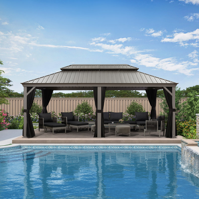 Pavillon de jardin d'extérieur en aluminium 12 pi x 20 pi à toit rigide mauve avec toit en acier galvanisé double pour terrasse et rideau de pavillon extérieur toutes saisons inclus, gris clair