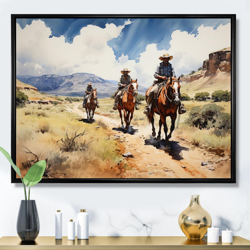 Cowboy Range Patrol - Cowboys Canvas Art Print, Cadre flottant noir, 16" H x 32" W