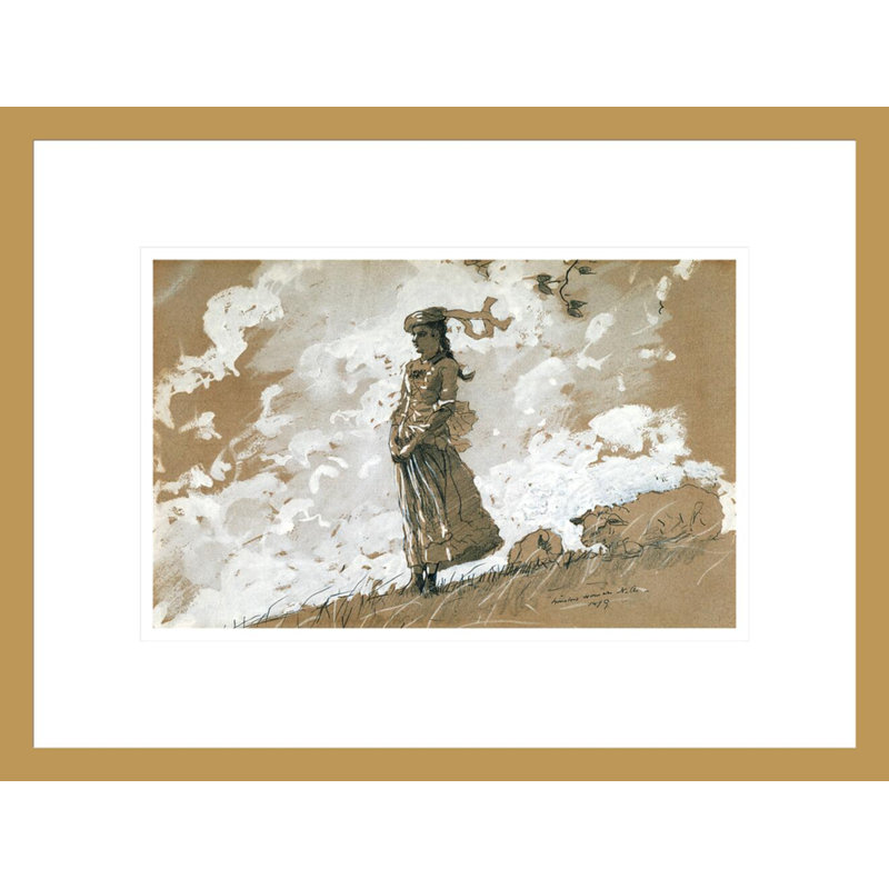 «Shepherdess and Sheep» par Winslow Homer - impression giclée encadrée, H 12,7 po x l 16,75 po