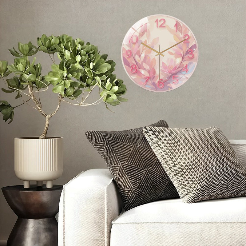 Horloge florale avec chiffres roses - horloge murale moderne en verre 12 po