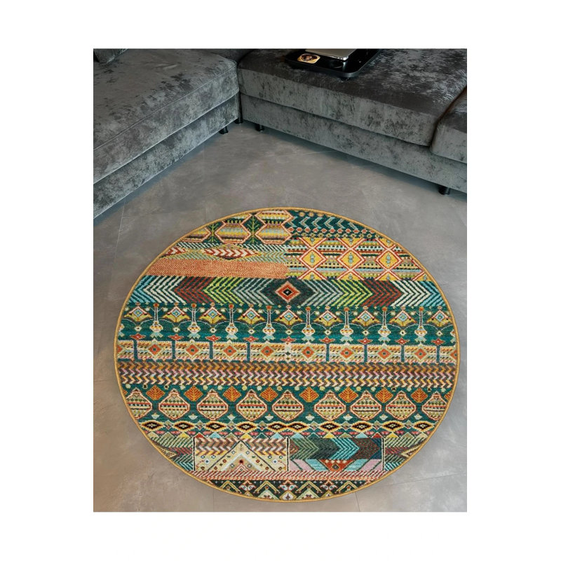 Green Beige Ethnic Pattern Detailed Woven Base Modern Decorative Carpet, Round 2'8"