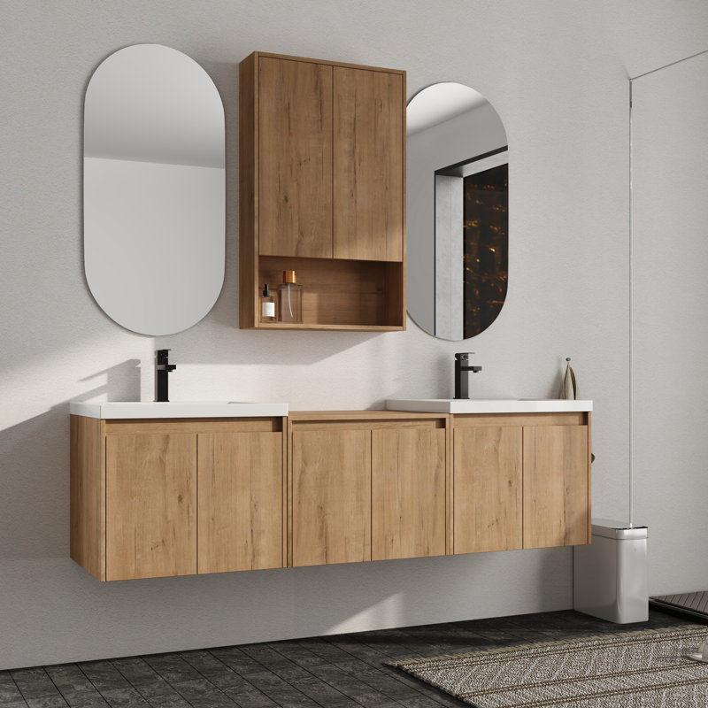 Meuble-lavabo double mural 72 po avec plateau en résine et rangement mural pour salle de bain 24 po Vowar