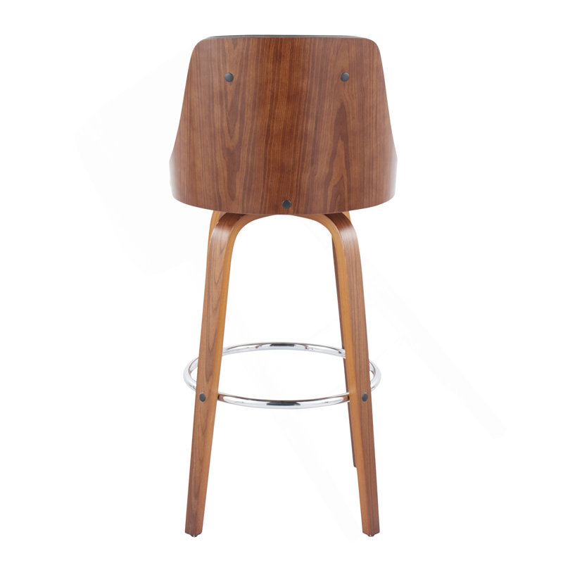 Gianna Mid-Century Modern Fixed-Height Barstool With Swivel In Walnut Wood And Grey Faux Leather With Round Chrome Metal Footrest By Lumisource - Set Of 2