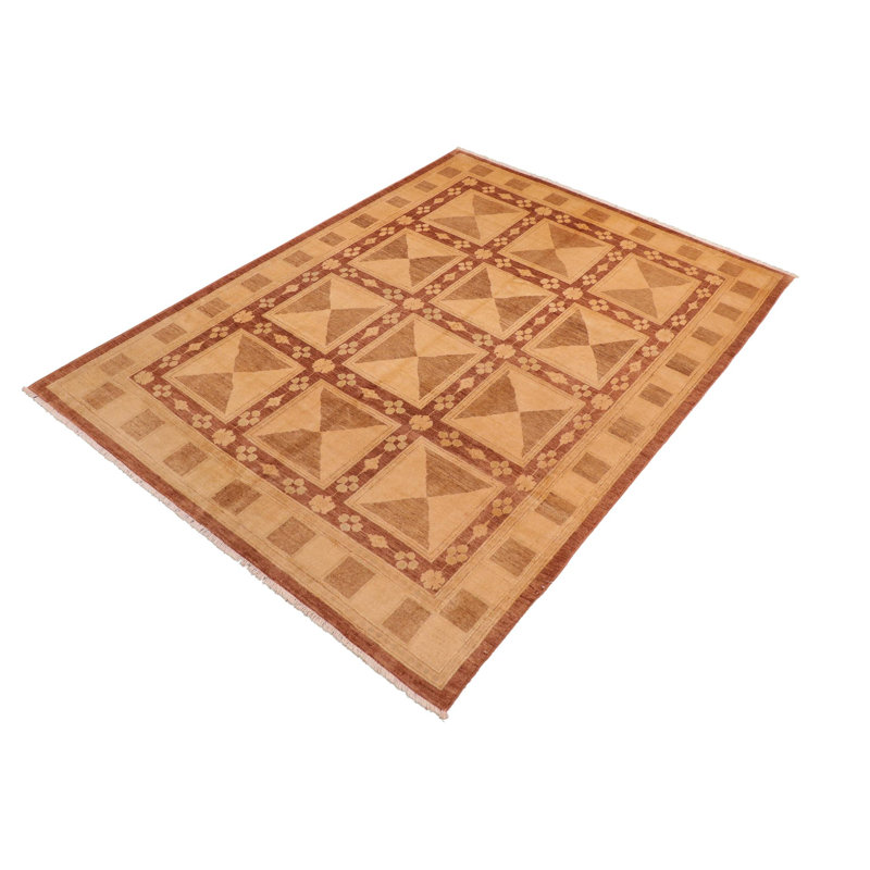 Tapis brun en laine noué à la main à motif géométrique 7 pi 10 po x 9 pi 6 po Baccio