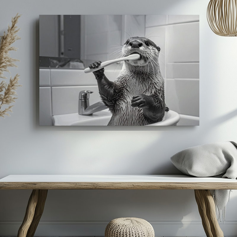 Une scène ludique mettant en vedette une loutre debout sur ses pattes arrière dans une salle de bain tenant une toile de qualité supérieure prête à être accrochée