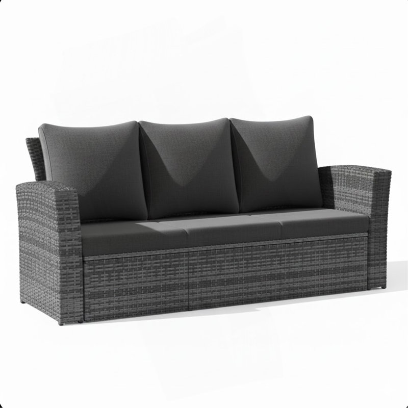 67.7" All-Weather Wicker 3-Seat Patio Sofa With Thick Black Cushions & Black Frame, Black