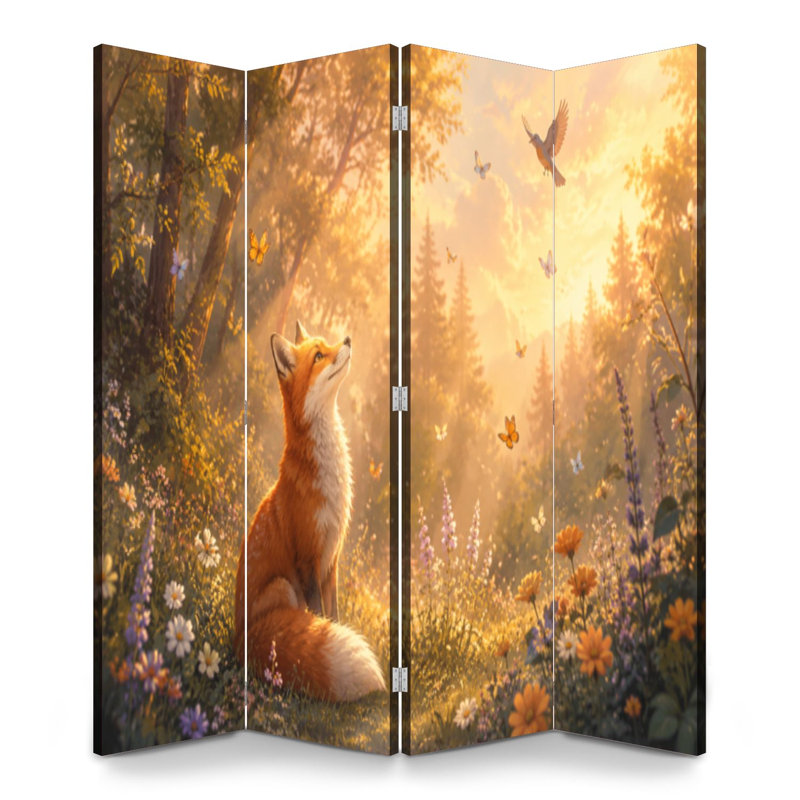 Cloison pliante 4 panneaux paravent Royal fantaisiste, forêt de papillons, oiseau au milieu d'un écran de toile pastel doux, séparateur de protection autoportant, cloison d'intimité
