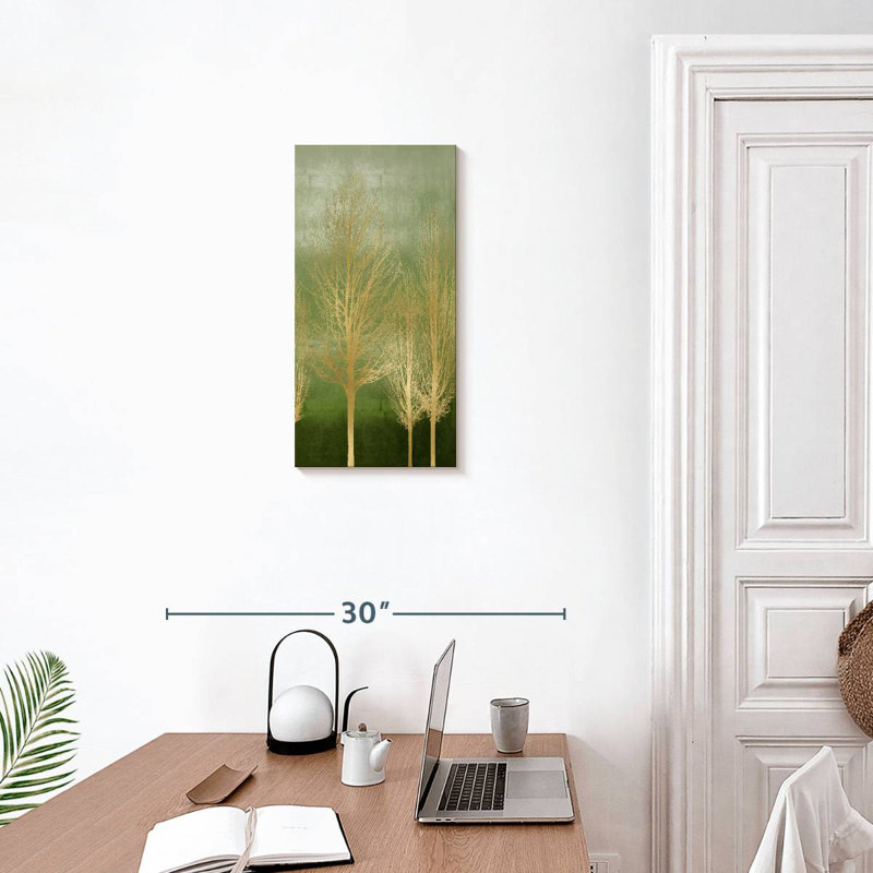 Arbres dorés sur panneau vert I, H 24 po x l 12 po