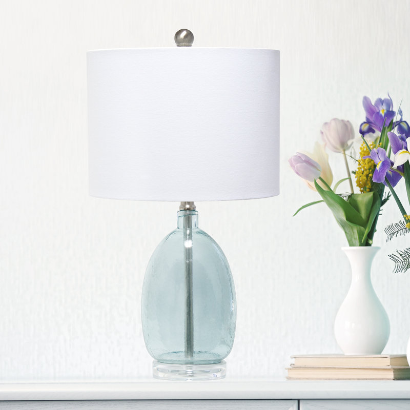 Clear Blue Glass Nightstand Lamp with White Barrel Shade