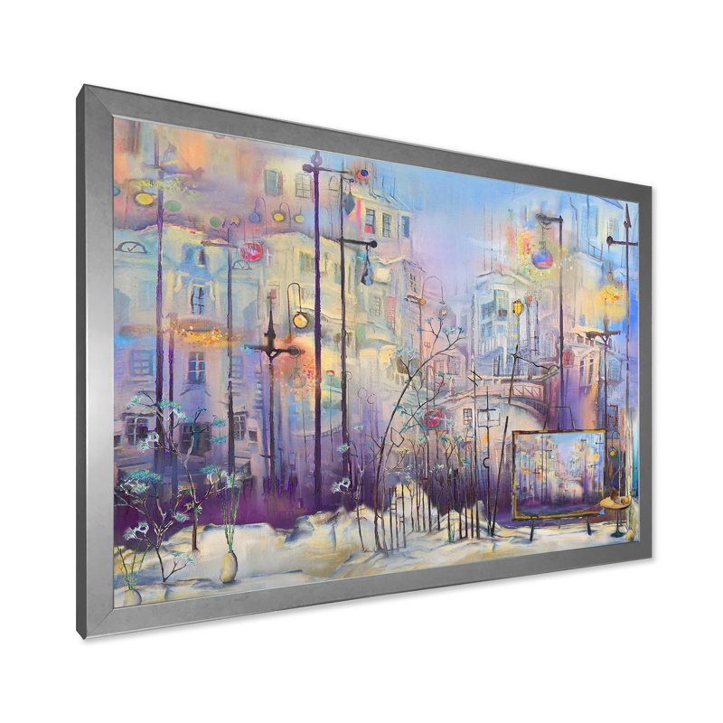 Paysage urbain pastel abstrait - peinture sur toile, H 30 po x l 40 po x 1,5 po, Encadrement argenté