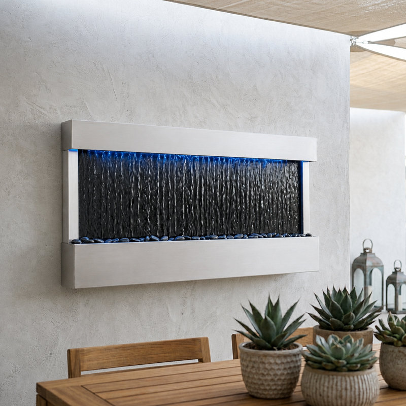 Fontaine miroir cascade murale d'intérieur XBrand 119 cm (47 po) – Décoration en métal argenté avec éclairage DEL et base en pierre