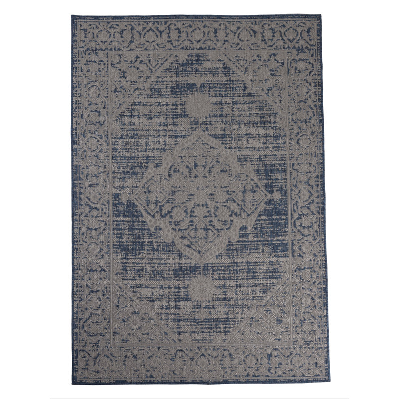 Tapis décoratif bleu marine/gris d’intérieur/extérieur Waitsburg, Rectangle 7 pi 10 po x 10 pi