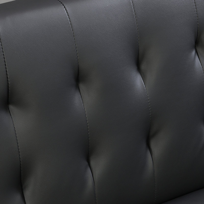 Structure en bois, pieds en acier inoxydable, futon, canapé en PVC noir