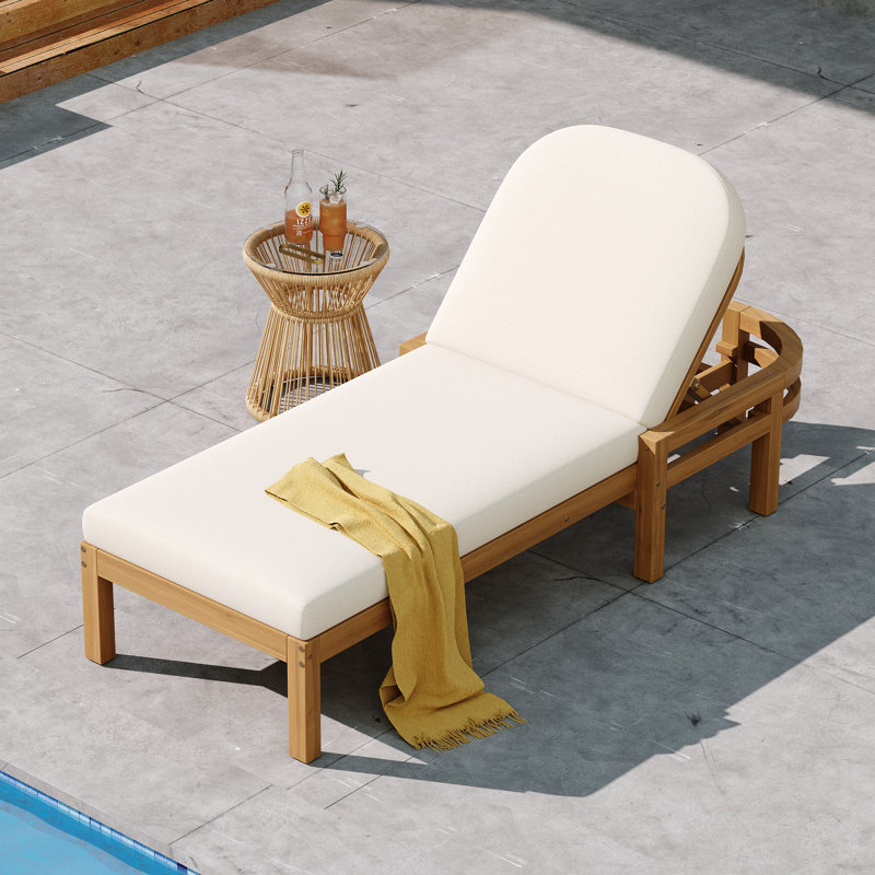 Outdoor Chaise Lounge, 5-Position Adjustable Backrest, Solid Wood, Arched Contour, Contemporary, Poolside, Light Teak