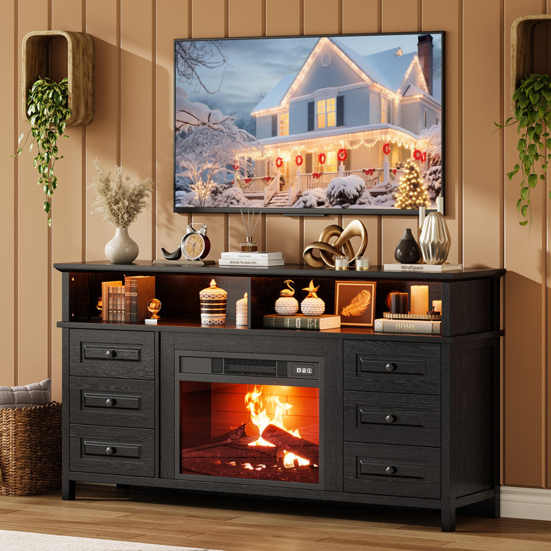 Meuble télé de 60 pouces avec foyer électrique, centre multimédia pour téléviseur de 65 pouces, éclairage DEL RVB intelligent, console de style ferme moderne avec 6 tiroirs de rangement