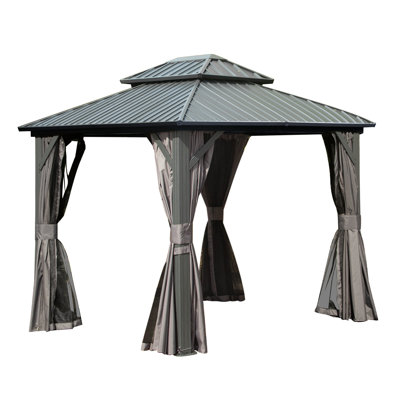 Pavillon de jardin permanent en métal 8 pi x 10 pi avec toit double en acier galvanisé, rideaux d'intimité et filet pour patio et cour arrière