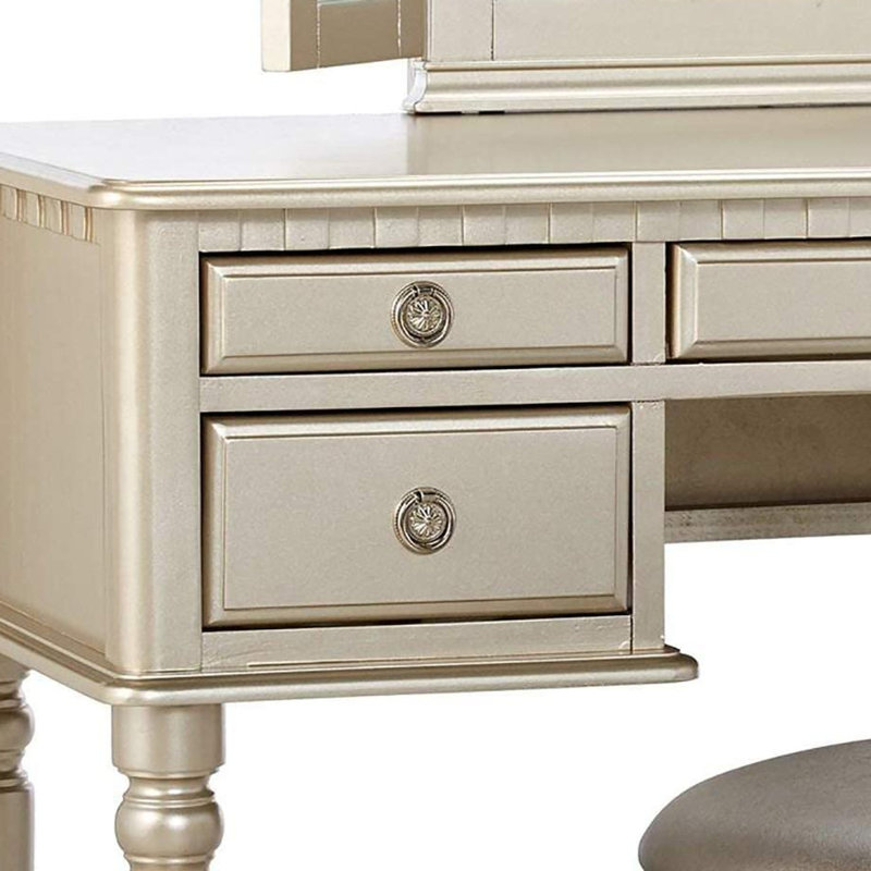 Silver Bedroom Vanity With Foldable Mirror - Padded Stool, 5 Drawers, Solid Wood, Gray Wood Tone Color Mirror,, Silver