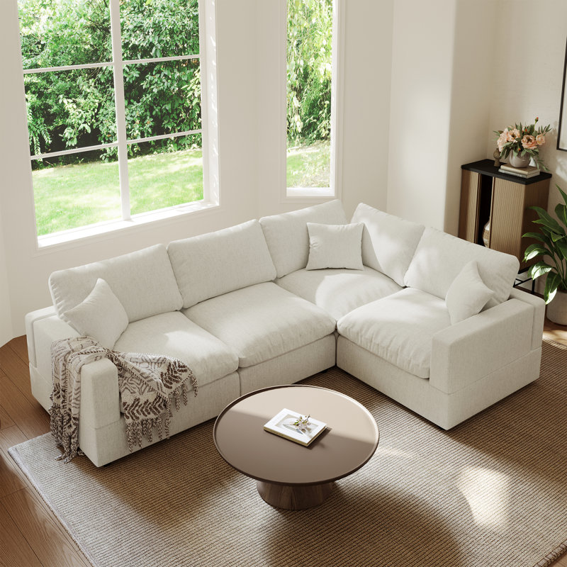 Upholstered Cloud Couch, Modular Sectional Sofa L-shaped Couch for Living Room Bedroom, Cream