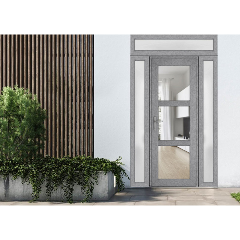 Façade extérieure pré-suspendue Porte en fibre de verre transparent transparent / Manux 8555 frêne gris clair / porte de bureau commerciale et résidentielle / l 36 po x H 80 po - Gauche