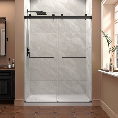 55 po x 60 po x H 76 po noir mat Installation Porte de douche coulissante à double dérivation Installation facile Porte de douche sans cadre, verre trempé 5/16 po (8 mm) avec film antidéflagrant Nano