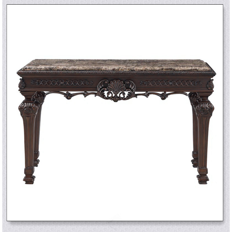 Console traditionnelle en bois massif avec plateau en marbre, table d'entrée de salon sculptée à la main