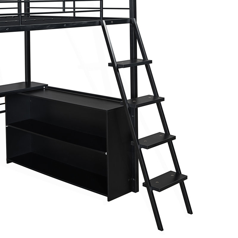 Lit mezzanine double en métal avec DEL, bureau et 4 tablettes de rangement