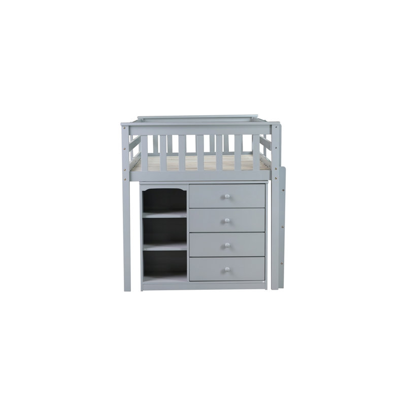 Lit mezzanine pour enfants en bois massif avec armoire, tiroirs, tablettes et bureau coulissant Kids, Gris