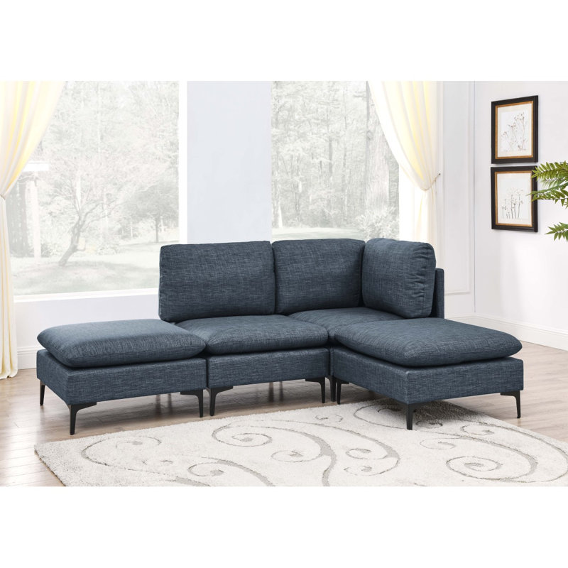 Linen Upholstered Modular Sectional With Metal Legs, Dark Blue